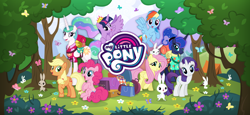 Size: 1666x768 | Tagged: safe, gameloft, angel bunny, applejack, fluttershy, pinkie pie, princess celestia, princess luna, rainbow dash, rarity, twilight sparkle, alicorn, earth pony, pegasus, pony, rabbit, between dark and dawn, g4, my little pony: magic princess, animal, female, loading screen, mane six, mare, my little pony logo, twilight sparkle (alicorn), video game