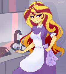 Size: 2528x2860 | Tagged: safe, artist:xjenn9, sunset shimmer, human, equestria girls, g4, apron, clothes, cute, dress, high res, housewife, maid, shimmerbetes, sink, solo