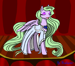 Size: 800x704 | Tagged: safe, artist:binikastar, oc, oc only, pegasus, pony, clothes, dress, eyes closed, female, mare, pegasus oc, signature, solo, wings