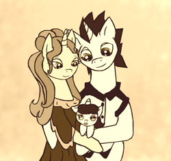 Size: 800x752 | Tagged: safe, artist:binikastar, oc, oc only, pony, unicorn, semi-anthro, arm hooves, baby, baby pony, clothes, female, holding a pony, horn, male, monochrome, unicorn oc