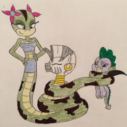 Size: 2360x2371 | Tagged: safe, artist:lunahazacookie, spike, zecora, dragon, snake, anthro, g4, coils, ear piercing, earring, female, high res, jewelry, male, mare, neck rings, piercing, traditional art