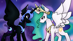 Size: 2488x1400 | Tagged: safe, artist:namiiarts, nightmare moon, princess celestia, alicorn, pony, g4, 4everfreebrony, colored pinnae, constellation, constellation hair, duo, female, frown, grin, looking at each other, looking at someone, mare, narrowed eyes, smiling, spread wings, wings