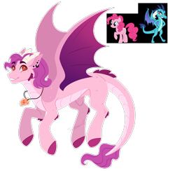 Size: 1800x1757 | Tagged: safe, artist:purplegrim40, pinkie pie, princess ember, oc, dracony, dragon, earth pony, hybrid, pony, g4, dragoness, female, jewelry, magical lesbian spawn, mare, necklace, offspring, parent:pinkie pie, parent:princess ember, parents:emberpie, simple background, transparent background