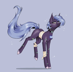 Size: 2636x2574 | Tagged: safe, artist:thelazyponyy, oc, oc only, earth pony, pony, bandage, blue background, choker, earth pony oc, female, high res, mare, simple background, solo, spiked choker