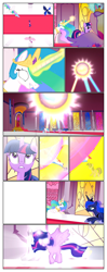 Size: 612x1552 | Tagged: safe, artist:newbiespud, edit, edited screencap, screencap, princess cadance, princess celestia, princess luna, twilight sparkle, alicorn, pony, comic:friendship is dragons, g4, twilight's kingdom, comic, female, glowing, glowing eyes, glowing horn, horn, indoors, magic, mare, missing cutie mark, telekinesis, twilight sparkle (alicorn)