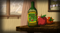 Size: 2400x1350 | Tagged: safe, artist:dragonwolfrooke, 4everfreebrony, apple, apple cider, bottle, cider, food, no pony, song cover, still life, sweet apple acres, table, tree