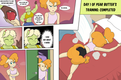 Size: 3931x2599 | Tagged: safe, artist:matchstickman, granny smith, pear butter, earth pony, anthro, comic:the other side, g4, abs, apple, bed, clothes, comic, female, food, granny smash, high res, implied tail hole, mare, muscles, tail, teenager, young granny smith, younger