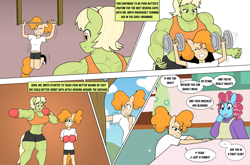 Size: 3931x2599 | Tagged: safe, artist:matchstickman, cup cake, granny smith, pear butter, earth pony, anthro, comic:the other side, g4, abs, boxing, boxing gloves, chiffon swirl, clothes, comic, female, granny smash, high res, mare, muscles, sports, teenager, weight lifting, weights, young granny smith, younger