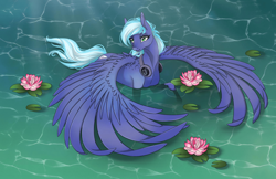 Size: 1920x1241 | Tagged: artist needed, safe, oc, oc only, oc:moonlight drop, pegasus, pony, flower, headphones, lake, solo, water