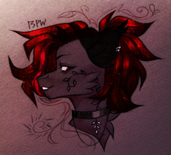 Size: 2840x2577 | Tagged: safe, artist:13pw, artist:jsunlight, oc, oc:julia_sunlight, pony, bust, cheek fluff, collaboration, colored ears, ear piercing, floral markings, gray coat, high res, piercing, portrait, red eyes, red mane, side view, solo, traditional art