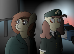 Size: 3509x2550 | Tagged: safe, artist:sparkfler85, derpibooru exclusive, oc, oc only, oc:flani bainilye, oc:hymyt, earth pony, pony, unicorn, anthro, equestria at war mod, beret, blood, car, clothes, female, freckles, hat, headband, high res, jacket, police car, rambo, reference, river republic, shirt, uniform