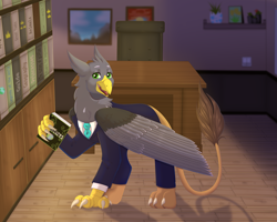 Size: 5315x4252 | Tagged: safe, artist:creed larsen, oc, griffon, book, clothes, commission, looking at you, office, solo, suit, wings