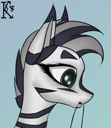 Size: 1150x1330 | Tagged: safe, artist:kirov, oc, oc only, oc:niravia, zebra, bucket, bust, female, gradient background, green eyes, mare, portrait, sketch, solo, striped mane, stripes, white coat, zebra oc