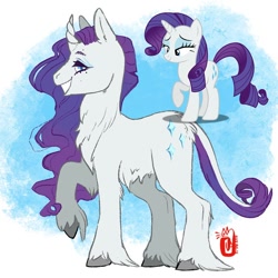 Size: 900x900 | Tagged: safe, artist:chamomilenugget, rarity, pony, unicorn, chest fluff, curved horn, female, horn, mare, raised hoof, signature, simple background, smiling, solo, teeth
