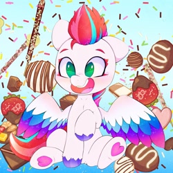 Size: 3000x3000 | Tagged: safe, artist:zokkili, zipp storm, pegasus, pony, g5, adorazipp, chocolate, chocolate-covered strawberry, colored eyelashes, cute, daaaaaaaaaaaw, female, floppy ears, food, happy, heart, high res, mare, one eye closed, open mouth, open smile, raised hoof, sitting, smiling, solo, spread wings, strawberry, that pony sure does love chocolate, underhoof, weapons-grade cute, wings