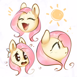 Size: 2800x2800 | Tagged: safe, artist:mirroredsea, fluttershy, pegasus, pony, g4, bust, crying, emanata, eyes closed, female, happy, high res, mare, open mouth, open smile, portrait, profile, sad, simple background, smiling, solo, sun, teary eyes, white background
