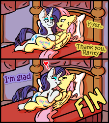 Size: 2400x2700 | Tagged: safe, artist:mc_arts, fluttershy, rarity, pegasus, pony, unicorn, comic:helping out, g4, bed, blushing, comic, dialogue, female, heart, high res, holding hooves, kissing, lesbian, lying down, mare, on back, on bed, ship:flarity, shipping