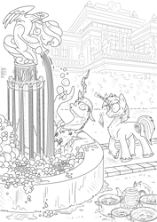 Size: 2894x4093 | Tagged: safe, artist:hilloty, queen chrysalis, shining armor, pony, unicorn, g4, bubble, foam, fountain, graphic