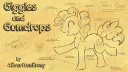 Size: 2400x1350 | Tagged: safe, artist:dragonwolfrooke, pinkie pie, earth pony, pony, g4, 4everfreebrony, anatomy guide, eyes closed, monochrome, open mouth, open smile, smiling, solo, song cover