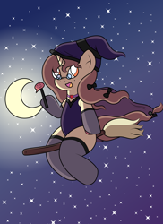 Size: 2550x3509 | Tagged: safe, artist:sparkfler85, oc, oc only, oc:hymyt, pony, unicorn, beauty mark, bow, broom, cape, clothes, cute, dress, female, flying, flying broomstick, glasses, gloves, hat, high res, moon, night, socks, solo, stars, stockings, thigh highs, wand, witch, witch hat