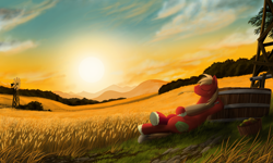 Size: 2000x1200 | Tagged: safe, artist:cerebre-arkor, big macintosh, earth pony, pony, g4, 4everfreebrony, barrel, eyes closed, field, food, leaning, lying down, male, on back, scenery, solo, stallion, straw in mouth, wheat