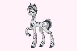 Size: 2700x1800 | Tagged: safe, artist:anastas, oc, oc only, oc:niravia, zebra, female, green eyes, mare, pink background, raised hoof, simple background, sketch, solo, striped mane, striped tail, stripes, tail, white coat