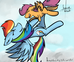 Size: 3000x2500 | Tagged: safe, artist:honeyheart23, rainbow dash, scootaloo, pegasus, pony, g4, duo, eyes closed, female, flying, high res, scootaloo can fly, scootalove, smiling