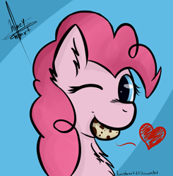Size: 2087x2126 | Tagged: safe, artist:honeyheart23, pinkie pie, earth pony, pony, g4, bust, chest fluff, cookie, egg, female, food, heart, high res, misleading thumbnail, one eye closed, quail egg, solo, wink