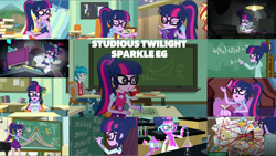 Size: 1974x1112 | Tagged: safe, edit, edited screencap, editor:quoterific, screencap, heath burns, sandalwood, sci-twi, spike, spike the regular dog, sunset shimmer, thunderbass, twilight sparkle, dog, human, blizzard or bust, equestria girls, equestria girls specials, friendship math, g4, mad twience, my little pony equestria girls: better together, my little pony equestria girls: friendship games, my little pony equestria girls: holidays unwrapped, my little pony equestria girls: rollercoaster of friendship, my little pony equestria girls: summertime shorts, overpowered (equestria girls), subs rock, the finals countdown, the last day of school, :o, beach, beach chair, book, bowtie, chair, chalk, chalkboard, clothes, cutie mark on clothes, eyes closed, female, geode of telekinesis, glasses, goggles, jewelry, magical geodes, male, necklace, offscreen character, open mouth, ponytail, text