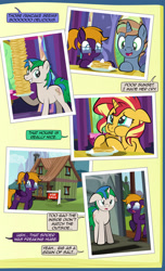 Size: 1920x3168 | Tagged: safe, artist:alexdti, sunset shimmer, oc, oc:brainstorm (alexdti), oc:purple creativity, oc:star logic, pegasus, pony, unicorn, comic:quest for friendship, g4, :q, aweeg*, comic, crying, dialogue, ears back, female, floppy ears, folded wings, food, glasses, grammar error, grin, hoof hold, hooves, horn, house, lidded eyes, looking at something, looking back, male, mare, open mouth, open smile, outdoors, pancakes, pegasus oc, pinpoint eyes, ponytail, puffy cheeks, raised hoof, shadow, smiling, speech bubble, stallion, standing, teary eyes, tongue out, twilight's castle, two toned mane, unicorn oc, wall of tags, wings