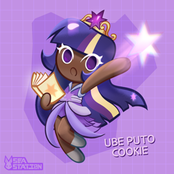 Size: 2000x2000 | Tagged: safe, artist:seasemissary, twilight sparkle, human, g4, the last problem, chibi, clothes, cookie run, cookiefied, coronation dress, dark skin, dress, female, high res, humanized, second coronation dress, solo, ube