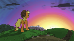 Size: 3840x2160 | Tagged: safe, artist:tadpoledraws, applejack, earth pony, pony, g4, 4everfreebrony, applejack's hat, cloud, commission, cowboy hat, grass, hat, high res, mountain, path, rear view, solo, sun, sunset