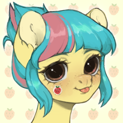 Size: 2000x2000 | Tagged: safe, artist:hirichie, oc, oc only, earth pony, pony, blushing, bust, cute, female, food, freckles, high res, icon, mare, portrait, solo, sticker, strawberry, tongue out