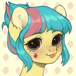 Size: 2000x2000 | Tagged: safe, artist:hirichie, oc, oc only, earth pony, pony, blushing, bust, cute, female, food, freckles, icon, mare, portrait, solo, sticker, strawberry, tongue out