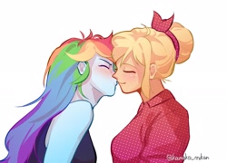 Size: 2424x1748 | Tagged: safe, artist:kameko_mikan, applejack, rainbow dash, human, equestria girls, g4, bare shoulders, blushing, bust, clothes, duo, duo female, eyes closed, female, freckles, kissing, lesbian, profile, ship:appledash, shipping, simple background, sleeveless, tank top, white background