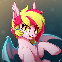Size: 2000x2000 | Tagged: safe, artist:luminousdazzle, oc, oc only, oc:dragon fruit, bat pony, pony, bat pony oc, chest fluff, colored wings, ear fluff, fangs, female, flying, forked tongue, hair accessory, high res, mare, multicolored mane, multicolored wings, slit pupils, smiling, solo, wings