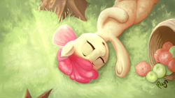 Size: 3840x2160 | Tagged: safe, artist:sea-maas, apple bloom, earth pony, pony, g4, 4everfreebrony, adorabloom, apple, apple bloom's bow, basket, bow, crepuscular rays, cute, eyes closed, female, filly, foal, food, grass, hair bow, high res, lying down, on back, open mouth, outdoors, signature, sleeping, solo, underhoof