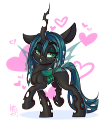 Size: 2200x2634 | Tagged: safe, artist:falafeljake, queen chrysalis, changeling, changeling queen, g4, cute, cutealis, eyelashes, female, heart, high res, horn, simple background, solo, tail, white background