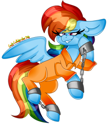 Size: 1280x1460 | Tagged: safe, artist:ladylullabystar, rainbow dash, pegasus, pony, g4, clothes, jumpsuit, prison outfit, prisoner rd, simple background, solo, transparent background