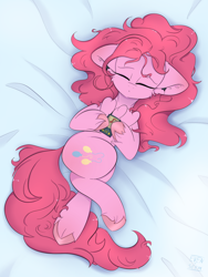 Size: 1536x2048 | Tagged: safe, artist:eventseem, pinkie pie, earth pony, pony, g4, earbuds, female, floppy ears, listening to music, mare, mp3 player, sleeping, solo, unshorn fetlocks