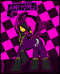 Size: 1416x1762 | Tagged: safe, artist:xxv4mp_g4z3rxx, oc, oc:violet valium, bat pony, pony, bat pony oc, checkered background, clothes, costume, ear piercing, emo, fangs, female, full body, goggles, mare, piercing, shadowbolts costume, sharp teeth, smiling, solo, speech bubble, spread wings, tail, teeth, torn ear, two toned mane, two toned tail, wings