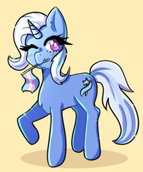 Size: 1989x2400 | Tagged: safe, artist:mylittleyuri, trixie, pony, unicorn, g4, comments locked down, female, graveyard of comments, mare, mouth hold, one eye closed, pride, pride flag, raised hoof, simple background, solo, trans female, trans trixie, transgender, transgender pride flag, wink, yellow background