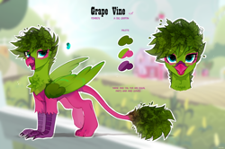 Size: 3880x2576 | Tagged: safe, alternate version, artist:zlatavector, oc, oc only, oc:grape vine, griffon, beak, commission, femboy, griffon oc, high res, long tail, looking at you, male, reference sheet, smiling, solo, tail