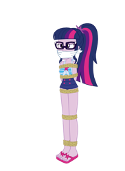 Size: 762x1049 | Tagged: safe, artist:robukun, sci-twi, twilight sparkle, human, equestria girls, equestria girls series, forgotten friendship, bondage, bound and gagged, cloth gag, clothes, gag, glasses, rope, rope bondage, ropes, sandals, simple background, swimsuit, tied up, transparent background