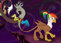 Size: 1280x905 | Tagged: safe, artist:zuckerluchs, discord, oc, oc:rainbow feather, draconequus, griffon, g4, interspecies offspring, magical lesbian spawn, offspring, parent:gilda, parent:rainbow dash, parents:gildash, space, story included