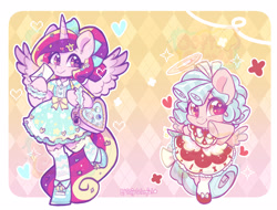 Size: 3336x2534 | Tagged: safe, artist:oofycolorful, part of a set, cozy glow, princess cadance, alicorn, pegasus, semi-anthro, g4, arm hooves, bow, clothes, commission, cozybetes, cute, cutedance, decora, dress, duo, duo female, ethereal mane, fake halo, fashion, female, filly, foal, hair bow, hairpin, harajuku, heart, heart eyes, high res, hoof shoes, letter, lolita fashion, looking at you, skull, skull eyes, smiling, smiling at you, sparkly eyes, sparkly mane, starry eyes, starry mane, tail, tail bow, watermark, wingding eyes