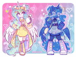 Size: 3336x2534 | Tagged: safe, artist:oofycolorful, part of a set, princess celestia, princess luna, alicorn, semi-anthro, g4, arm hooves, bag, cellphone, clothes, commission, converse, decora, dress, duffle bag, duo, fashion, flip phone, glasses, harajuku, high res, hoof shoes, phone, shoes, sparkly mane, sparkly tail, starry eyes, tail, watermark, wingding eyes