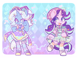 Size: 3336x2534 | Tagged: safe, artist:oofycolorful, part of a set, starlight glimmer, trixie, unicorn, semi-anthro, g4, arm hooves, bandaid, bandaid on nose, beanie, bow, bracelet, candy, commission, converse, cute, decora, diatrixes, duo, fashion, food, glimmerbetes, hair bow, harajuku, hat, high res, hoof shoes, horn, jar, jewelry, open mouth, open smile, shoes, smiling, sparkly eyes, starry eyes, tail, underhoof, wingding eyes