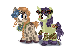 Size: 867x600 | Tagged: safe, artist:renaissance-soul, oc, oc only, oc:bramble berry, oc:soothing lilly, earth pony, pony, unicorn, cult, cultist, dirt, duo, face paint, female, floral head wreath, flower, flower in hair, mare, markings, mud, raised hoof, simple background, thorn, transparent background, unshorn fetlocks