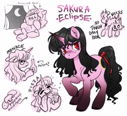 Size: 4096x3753 | Tagged: safe, artist:opalacorn, oc, oc only, oc:sakura eclipse, pony, unicorn, behaving like a cat, book, crescent moon, ears back, female, food, hissing, mare, meat, moon, name, night, pepperoni, pepperoni pizza, pizza, poison, ponies eating meat, raised hoof, reading, simple background, solo, tail, tail wrap, text, white background, window